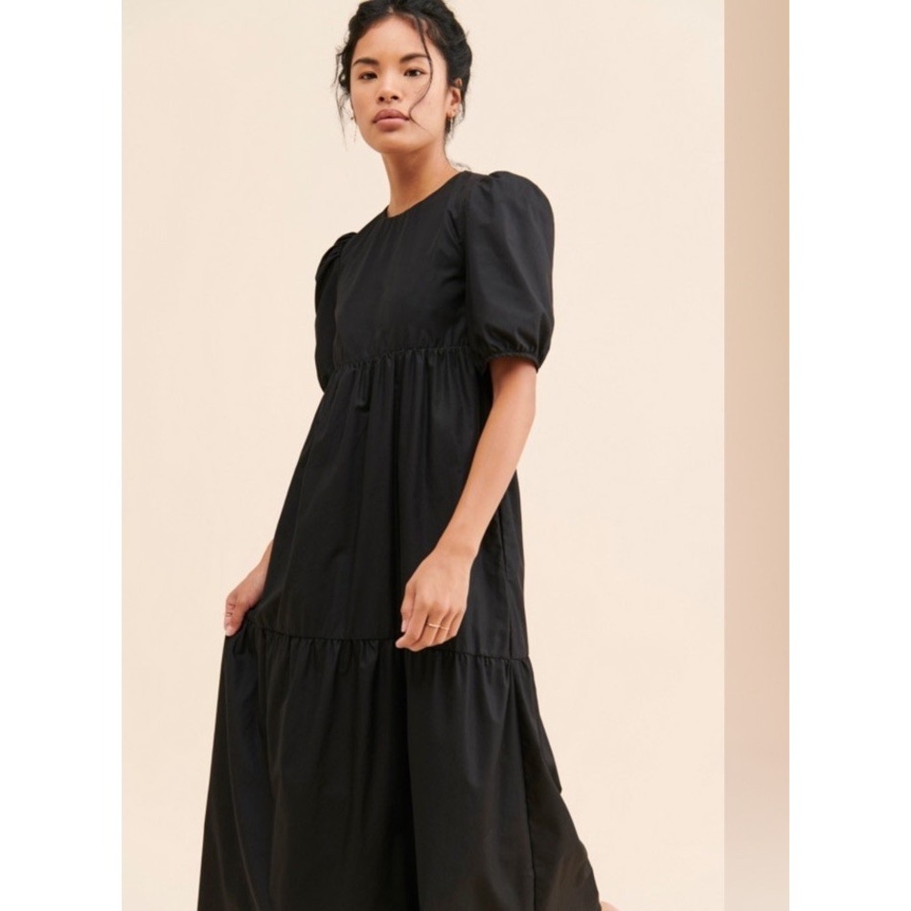 En Saison Poplin Baby Doll Short Sleeve Tiered Midi Dress Black Size S Modest